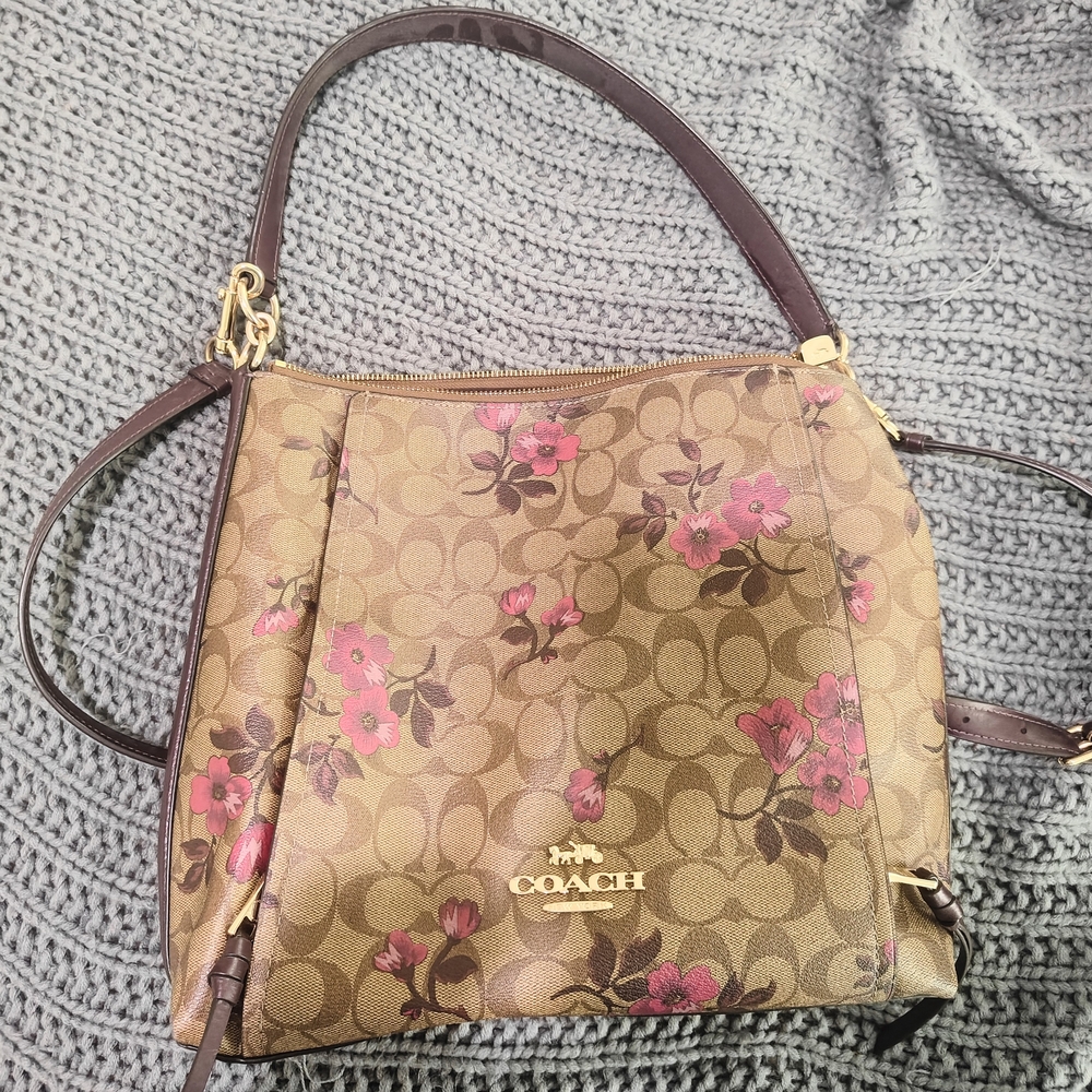 Coach Brown and Pink Shoulder Bag with Floral Design